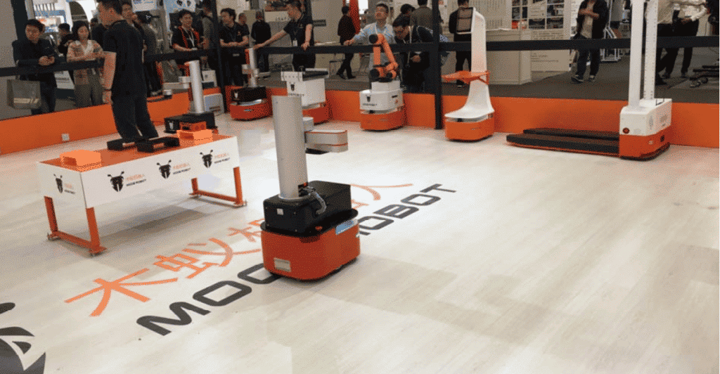 AGVs working with natural navigation at a tradeshow