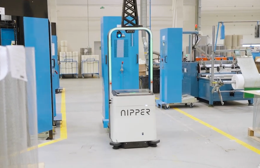 A Nipper AGV at work in a warehouse