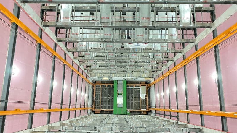 An elevator shaft in a smart parking lot in China