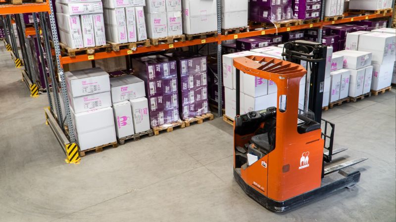 A manual forklift in a warehouse